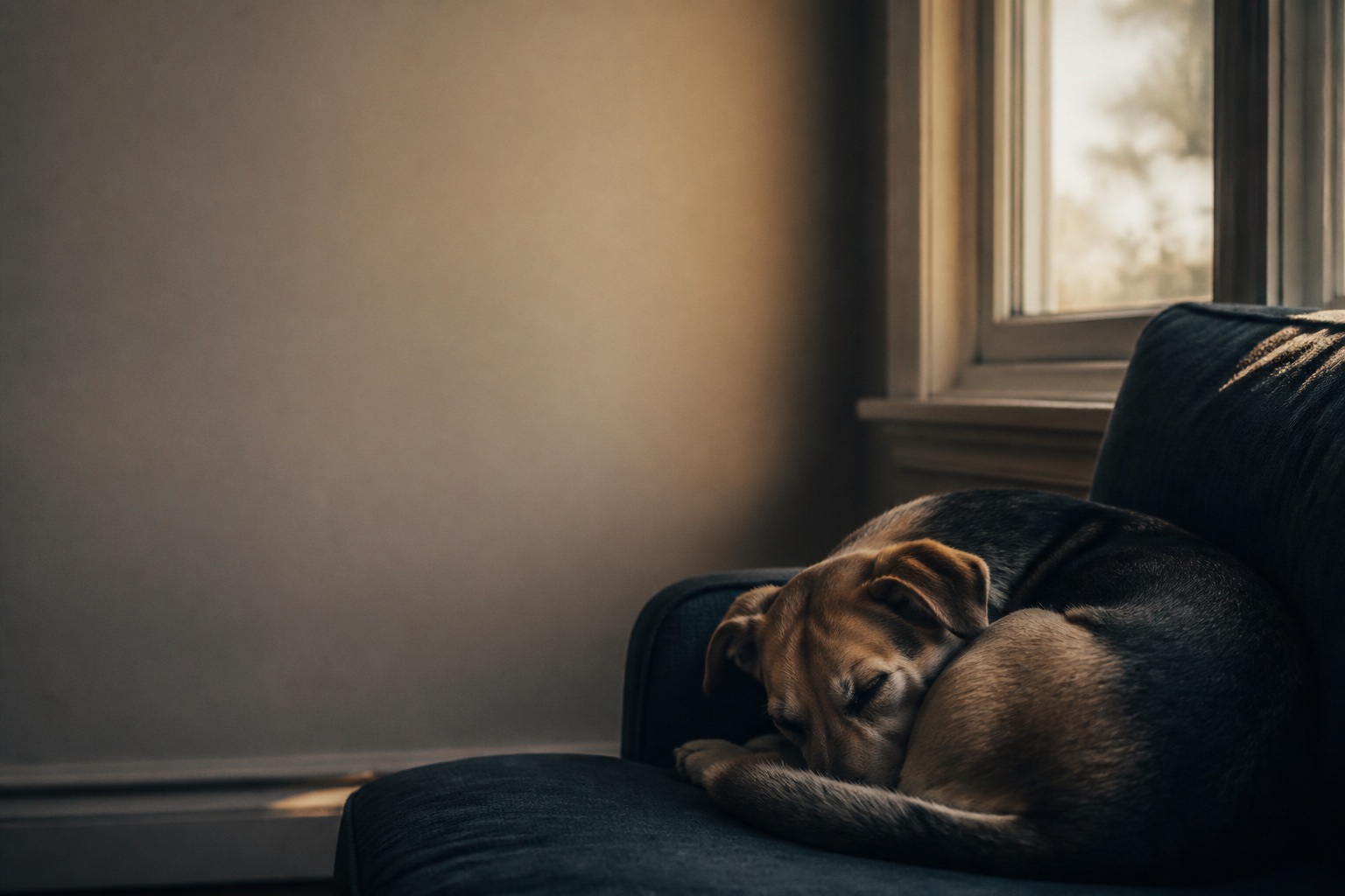 A dog curled up asleep on a couch beside a window in the late afternoon
