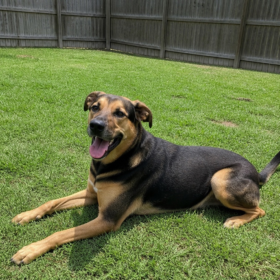 A dog lying in the grass in a fenced backyard