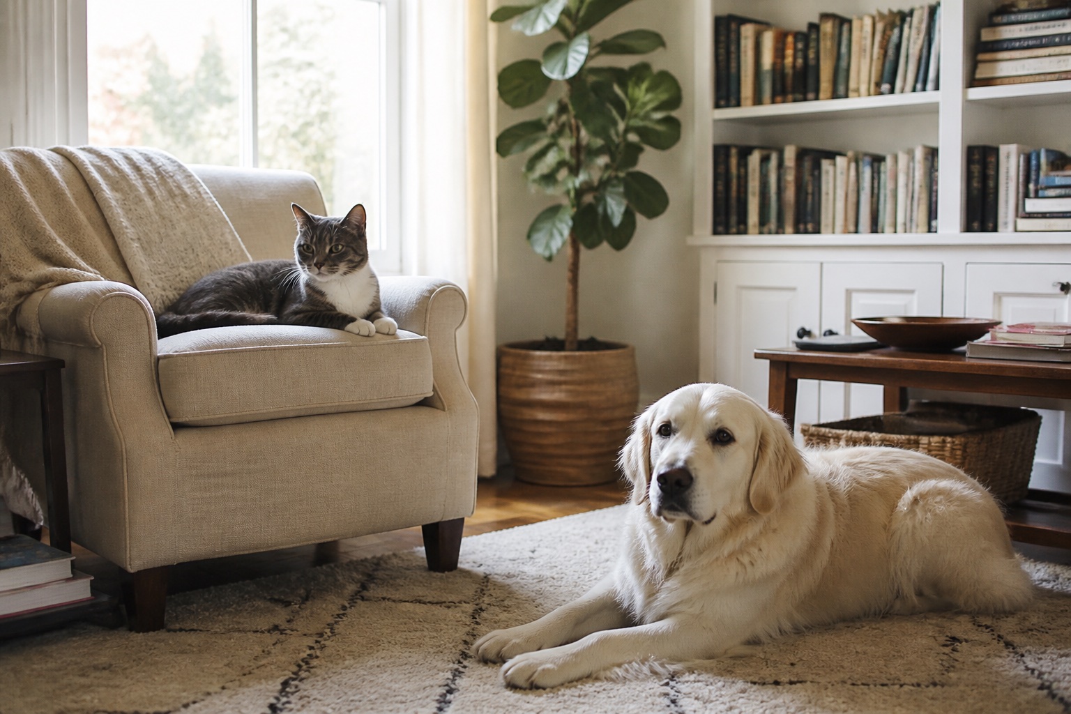 A cat and a dog relaxing together in a bright living room