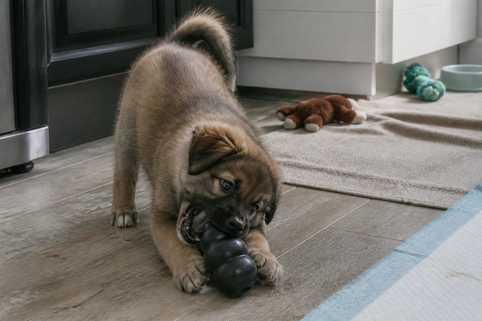 A puppy chewing a toy on a kitchen floor beside a training pad